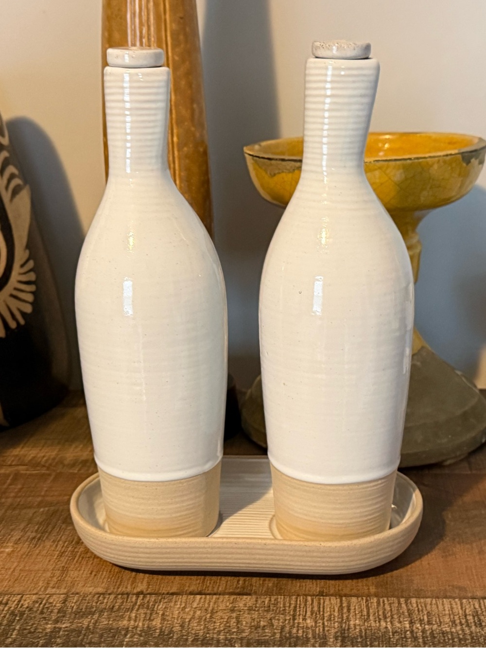 New Quinn Pottery Barn Handcrafted Oil and Vinegar Cruet Service Set, White